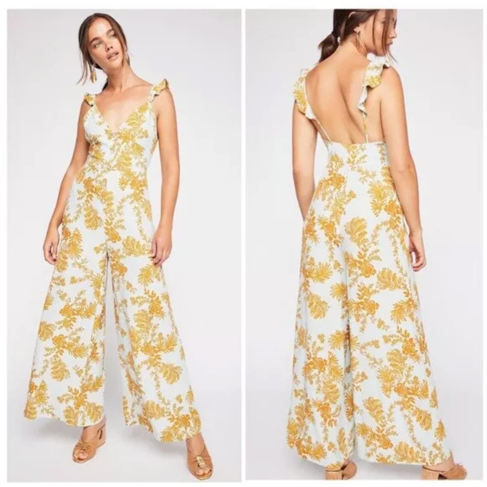 Free People White and Mustard Yellow Floral Wide-Leg Jumpsuit